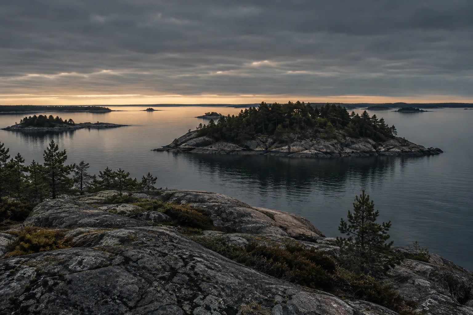 Glacier-polished granite in the foreground, dark pines on an island and silver water under an overcast sky.