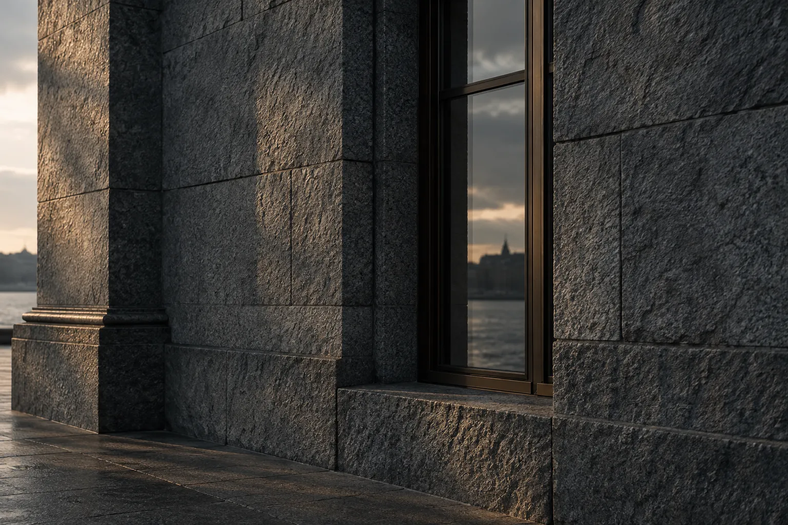 Detail of a stone-clad building: cut granite blocks and one tall bronze-framed window.