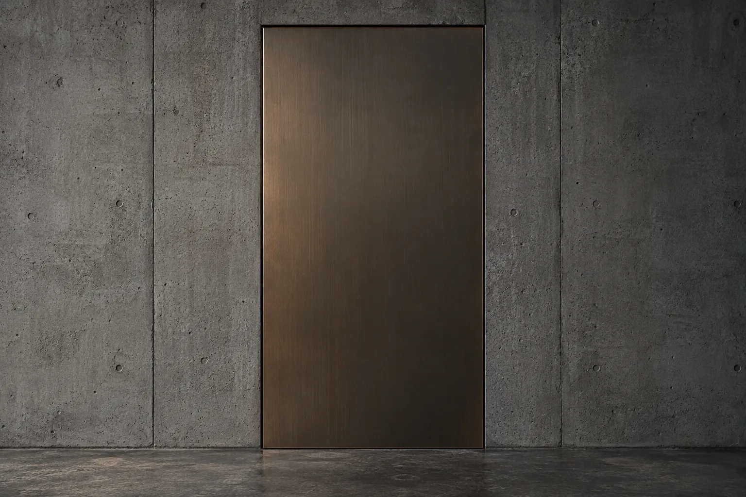 Brushed-metal door set flush in a poured concrete wall, in soft overcast light.